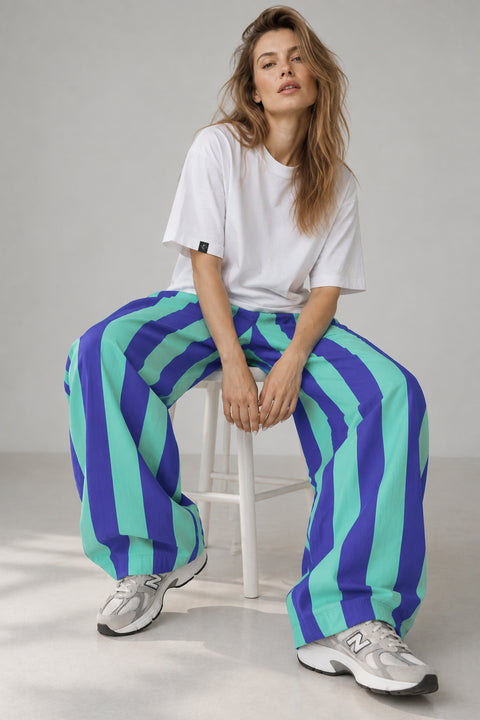 Gestreifte Hosen mit weitem Bein MINT/BLAU