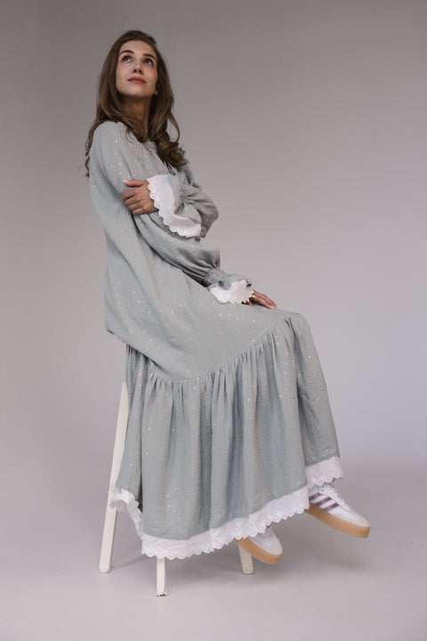 Oversized Cotton Gauze Dress with English Lace MINT