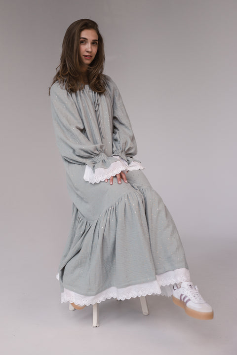 Oversized Cotton Gauze Dress with English Lace MINT