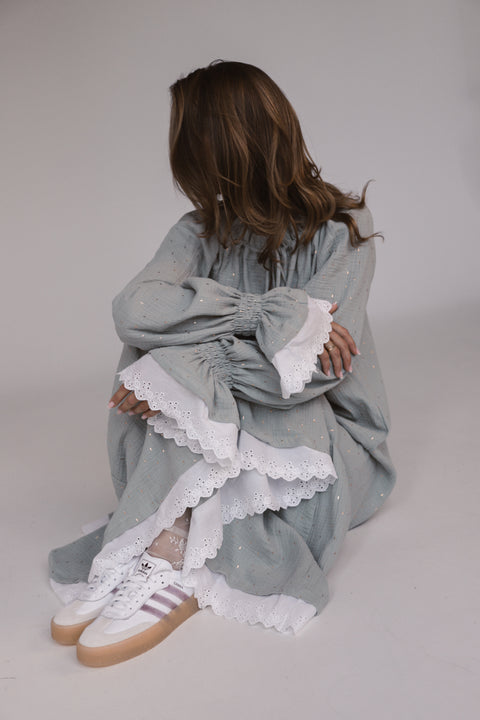 Oversized Cotton Gauze Dress with English Lace MINT