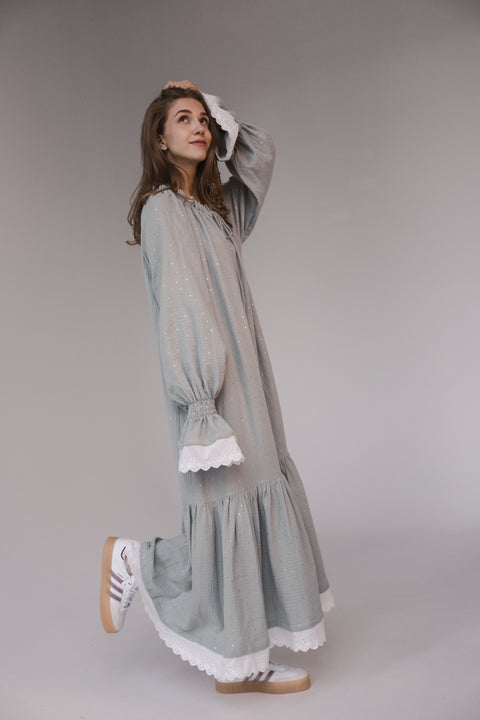 Oversized Cotton Gauze Dress with English Lace MINT