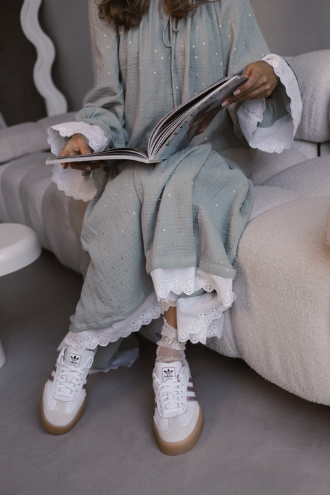 Oversized Cotton Gauze Dress with English Lace MINT