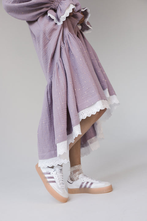 Sukienka Oversize z Podwójnej Gazy Bawełnianej z Angielską Koronką LILAC