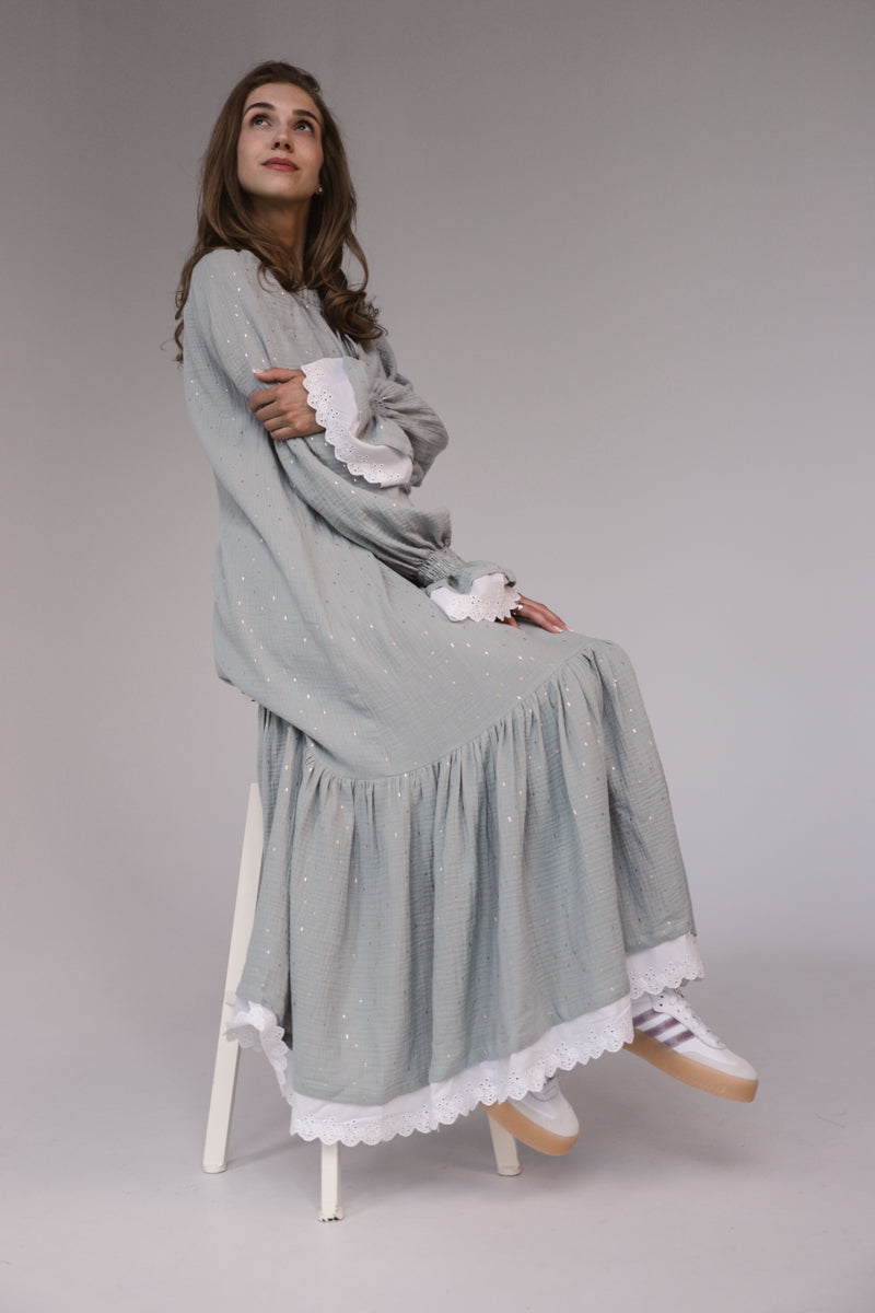 Oversized Cotton Gauze Dress with English Lace MINT